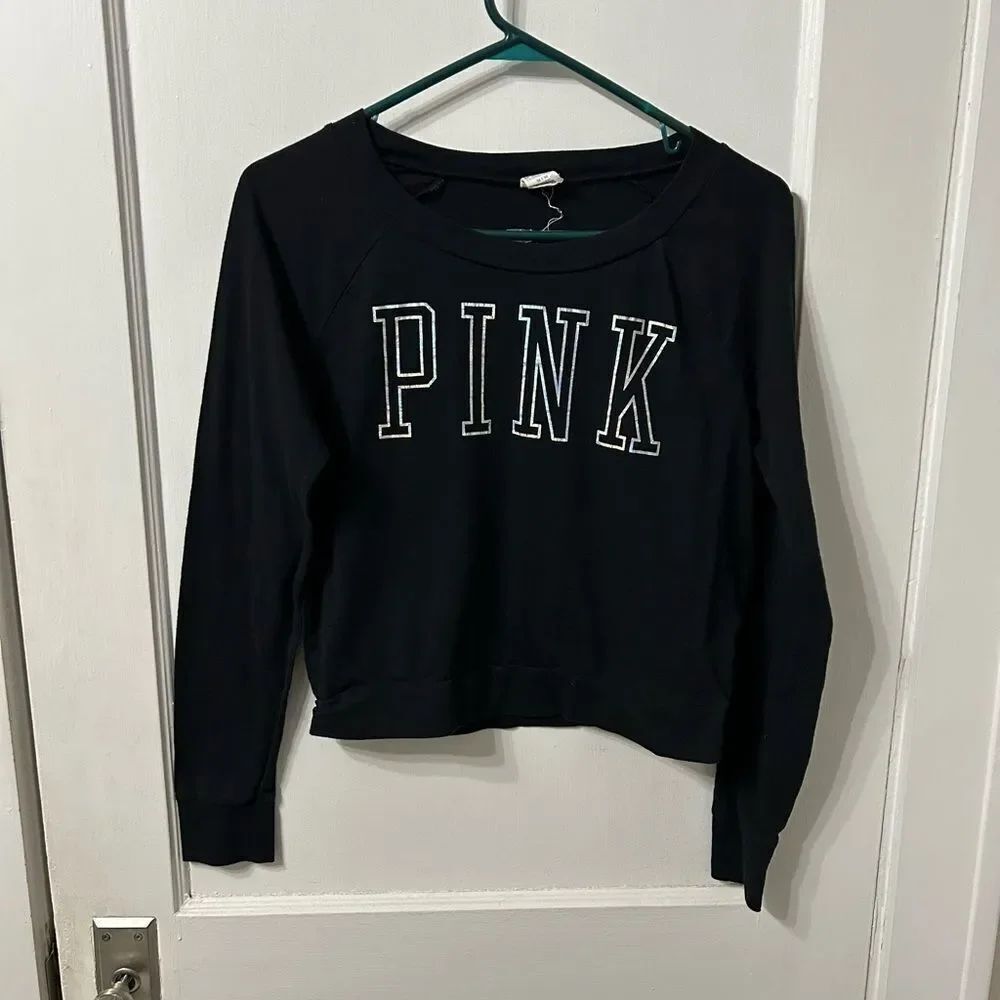 PINK Victoria's Secret Black Holographic Logo Top